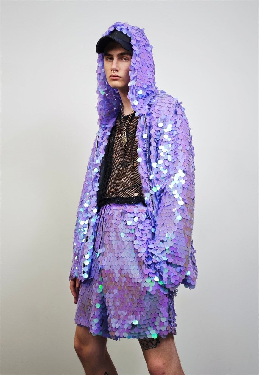 Purple sequin jacket hooded mermaid bomber holographic Dark Harvest