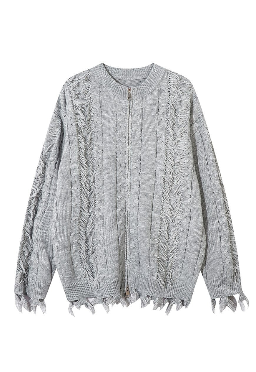 Grunge zip up cardigan grey ripped punk jumper y2k knit top