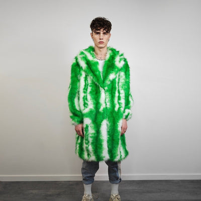 Green tie-dye coat faux fur neon shaggy trench abstract pattern overcoat bright rave bomber detachable festival jacket acid salad peacoat