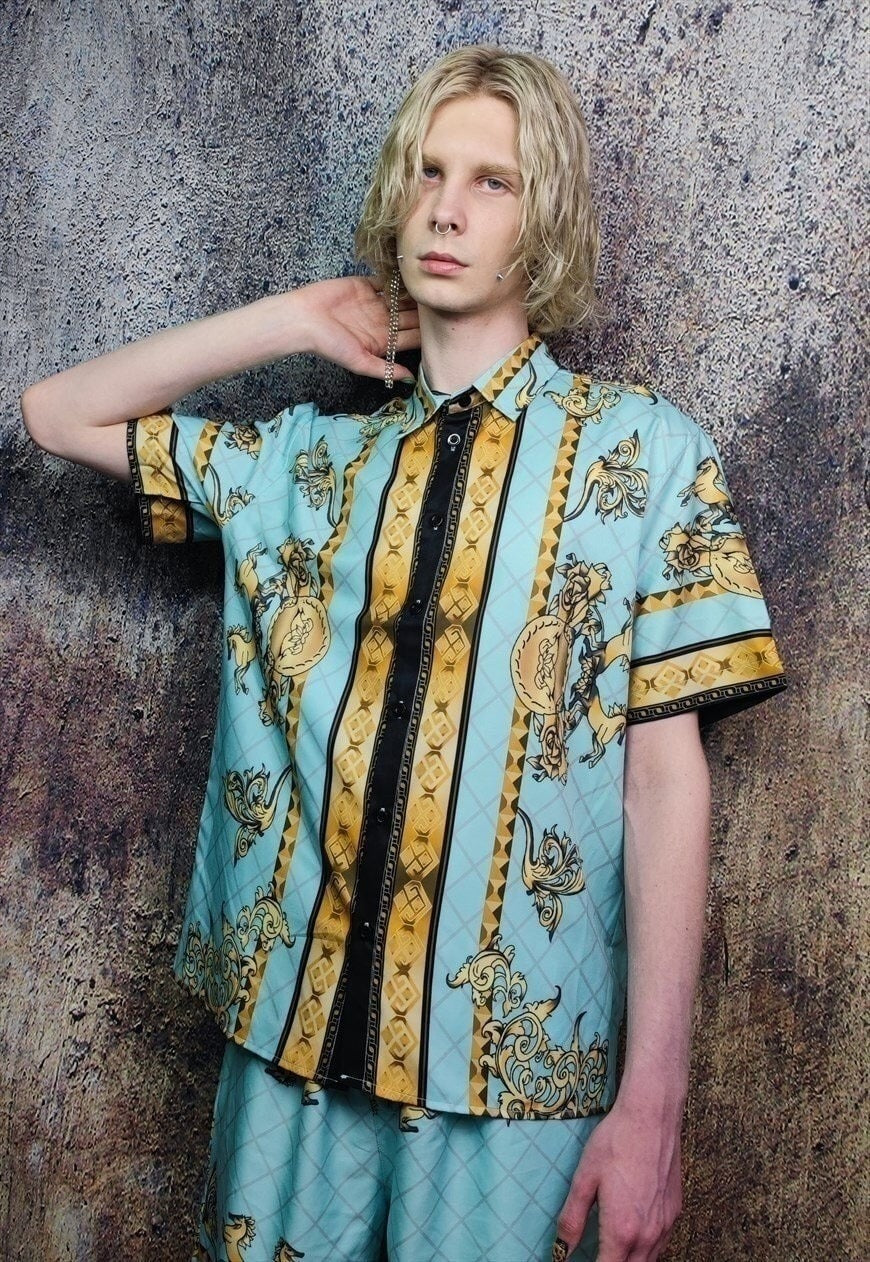 Baroque shirt golden flowers print short sleeve top in blue