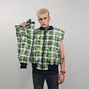 Spider web print bomber green plaid check jacket punk reversible college varsity detachable sleeves handmade creepy grunge tartan coat