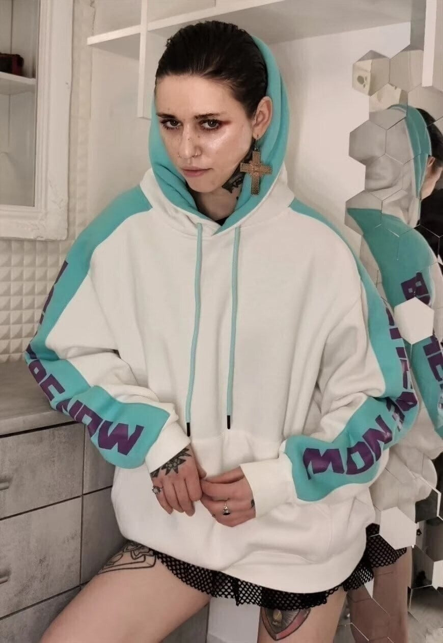 Premium fluorescent slogan hoodie contrast pullover in white