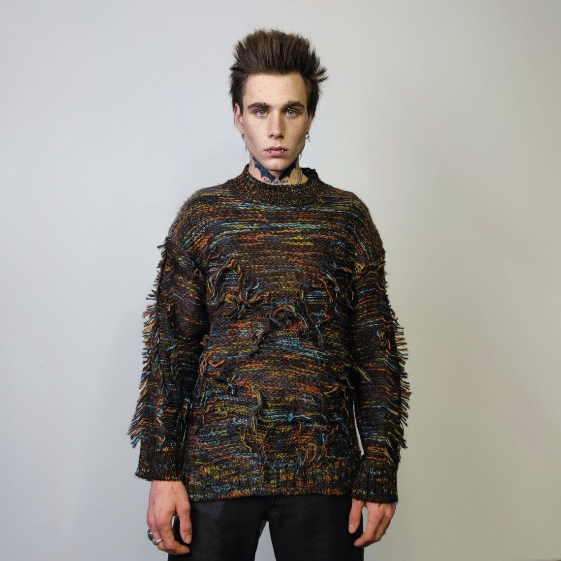 Fluffy sweater shredded jumper distressed knitwear top grunge sweatshirt knitted boho dress in brown