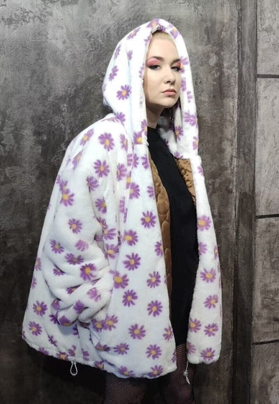 Daisy fleece jacket handmade soft floral trench coat white