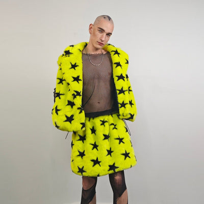 Faux fur skirt yellow star print midi fluffy fleece dress geometric bottoms carnival skirt elasticated waist burning man psychedelic skirt