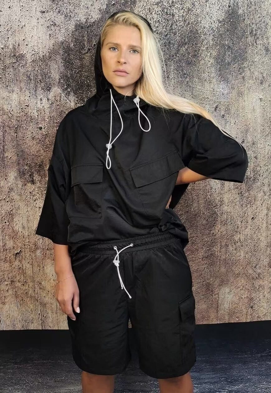 Oversized utility sport set half sleeve hoodie shorts set