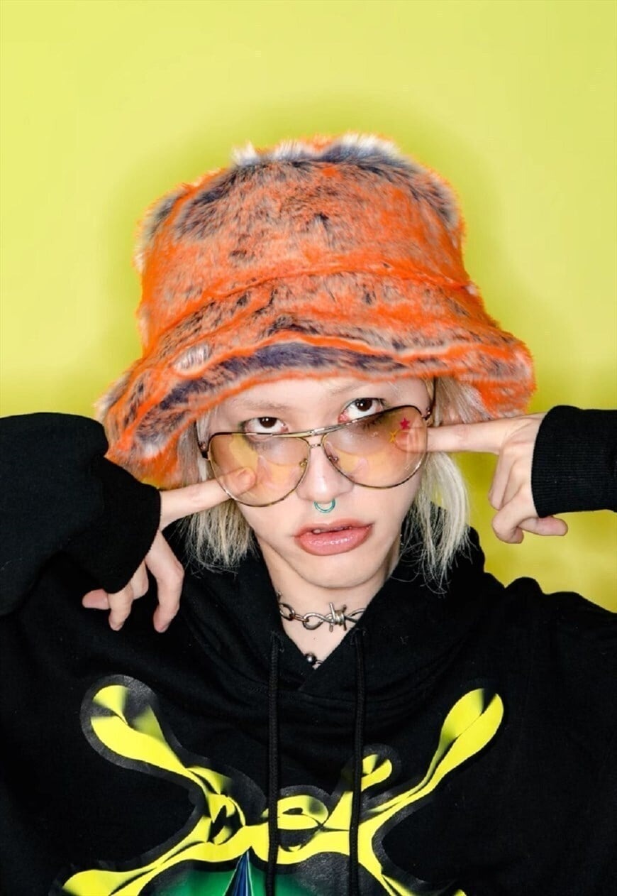 Festival faux fur bucket hat fluffy neon hat rave cap orange