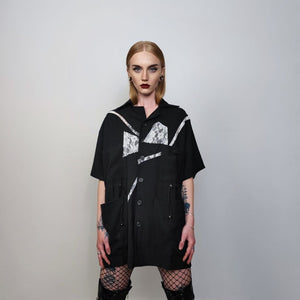 Cargo pocket shirt short sleeve geometric crotchet top mesh blouse oversize beam gothic top bondage sweatshirt utility jumper in black