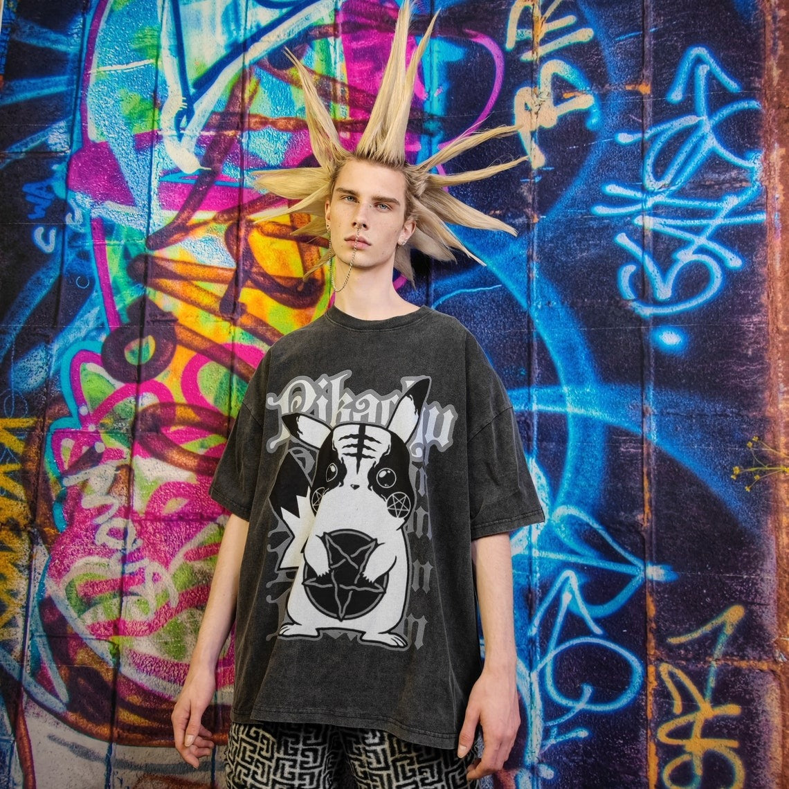 Pokemon t-shirt premium vintage wash Pikachu tee retro Nintendo grunge top Gothic cartoon jumper in acid grey