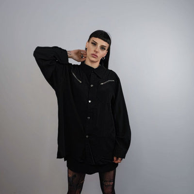 Zipper pocket shirt long sleeve Gothic top Rocker blouse oversize punk top bondage sweatshirt utility jumper in black