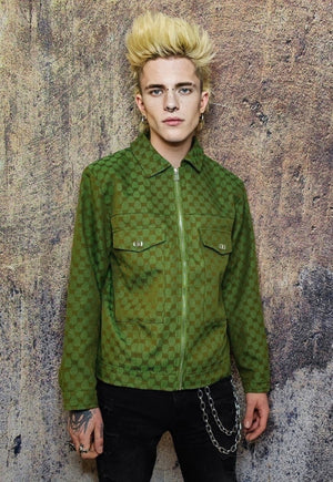 Letter print aviator jacket retro jacquard bomber in green