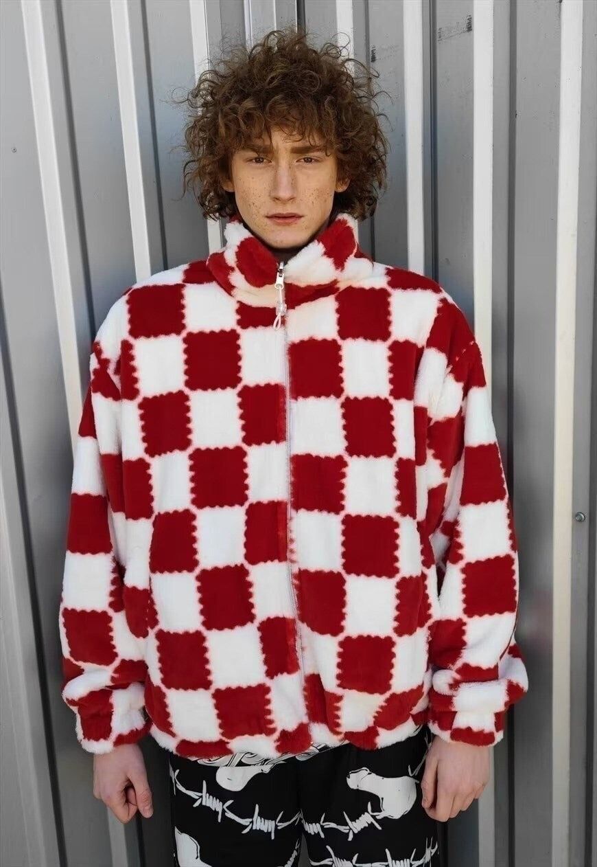 Reversible chain fleece jacket handmade barbered coat black