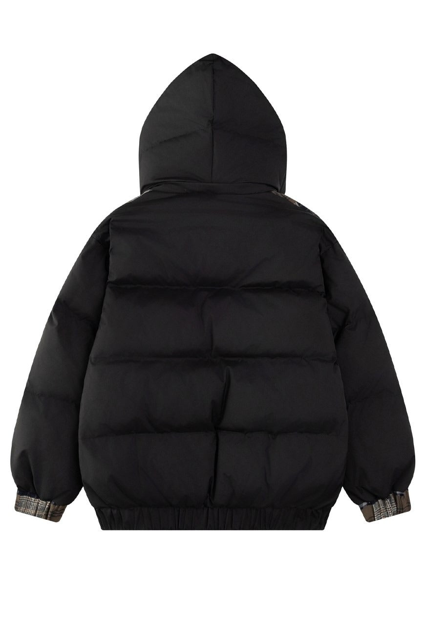 Patchwork parka jacket cream furry collar hooded bomber