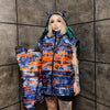 Tie-dye bomber handmade detachable graffiti puffer devil horn jacket abstract gradient print coat reversible jacket in green orange