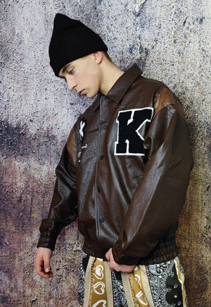 Retro varsity jacket faux leather MA-1 bomber in brown