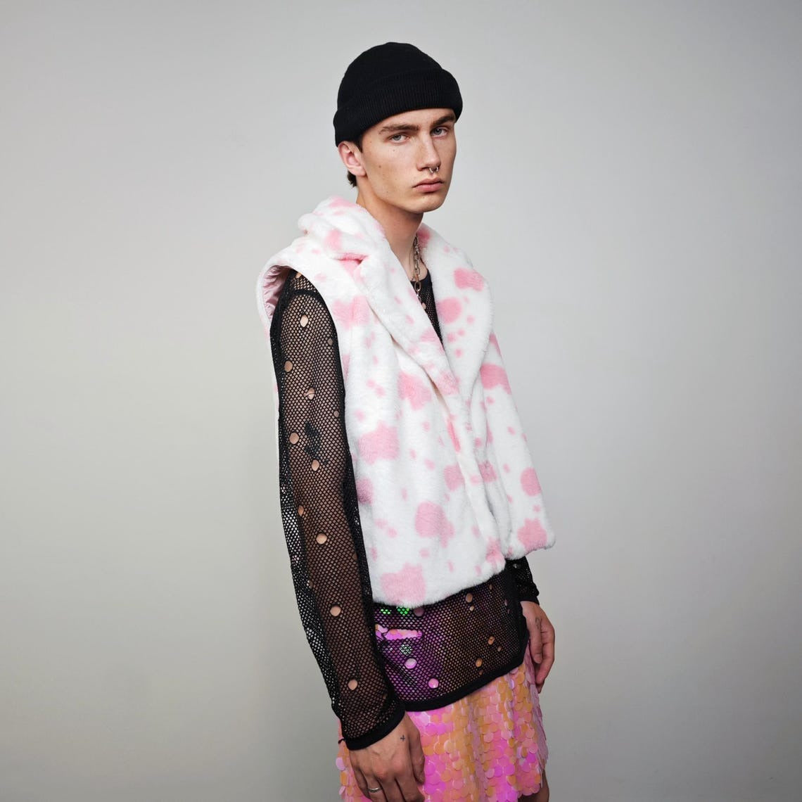 Cropped cow print coat pink white fleece trench animal print jacket detachable sleeves handmade spot pattern party overcoat festival set