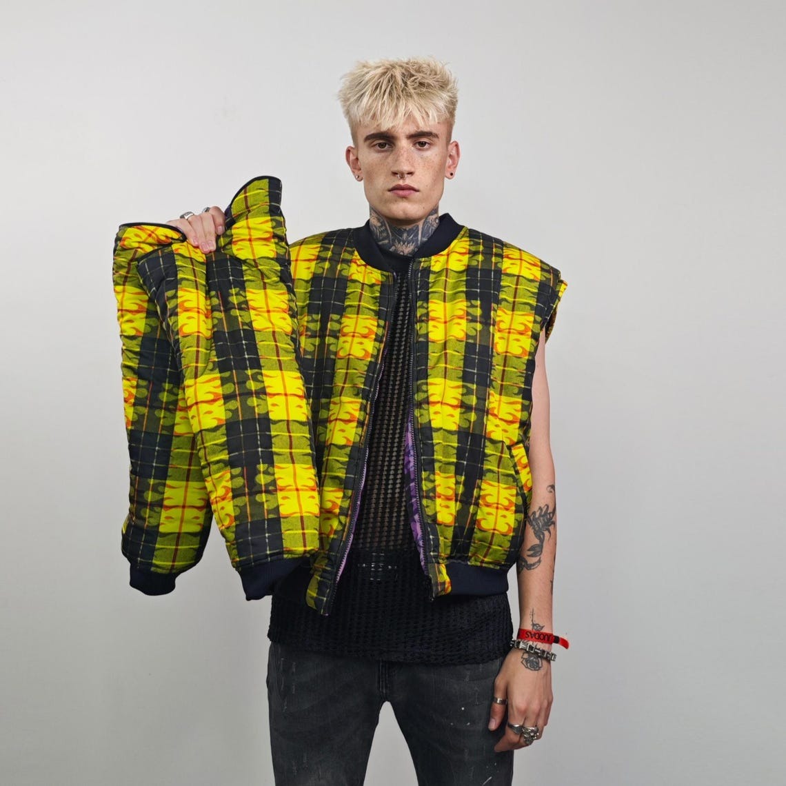 Flame bomber check yellow jacket thunder print reversible college varsity detachable sleeves handmade clueless plaid puffer grunge rock coat