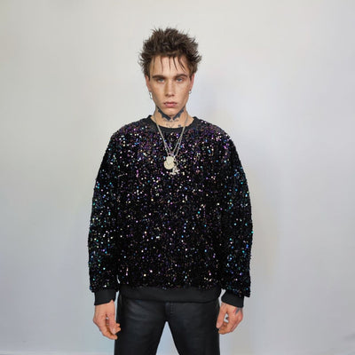 Sequin sweatshirt glitter top sparkle jumper party pullover glam rock long sleeve top embellished sweater in black purple