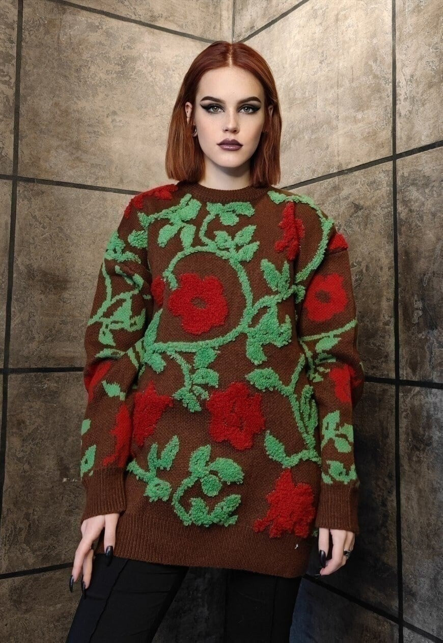 Floral applique sweater rose patch jumper flower top brown