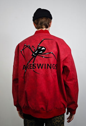 Spider patchwork jacket red faux leather punk college bomber