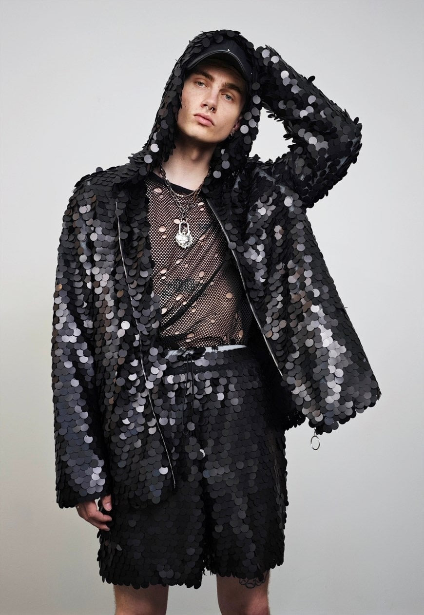 Black sequin jacket hooded shiny mermaid bomber holographic