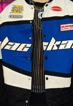 Motorcycle jacket multi patch padded racing bomber in blue