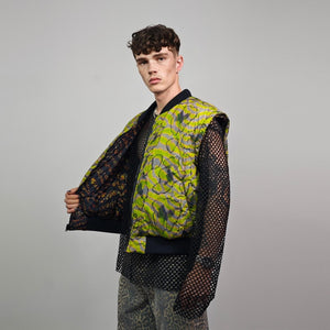 Psychedelic bomber animal print jacket green reversible tropical college varsity detachable sleeves handmade rave puffer festival neon coat