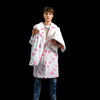 Cow print long coat hooded spot trench fluffy rave bomber detachable fleece festival removable sleeves burning man jacket pastel pink