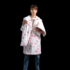 Cow print long coat hooded spot trench fluffy rave bomber detachable fleece festival removable sleeves burning man jacket pastel pink