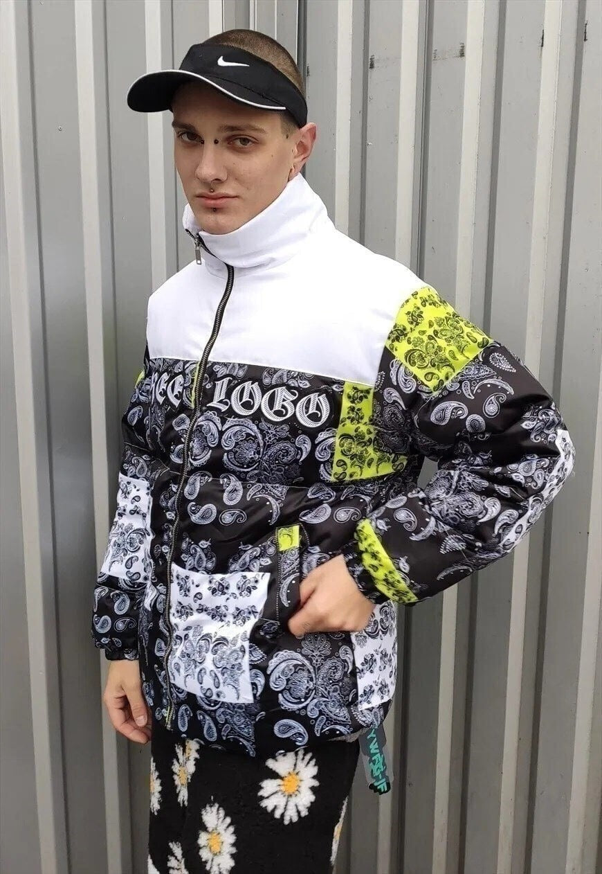 Paisley print bomber bandana puffer jacket in white black
