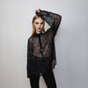 Transparent mesh shirt long sleeve tassels sheer blouse grunge catwalk jumper party see-through top curved button up festival top in black