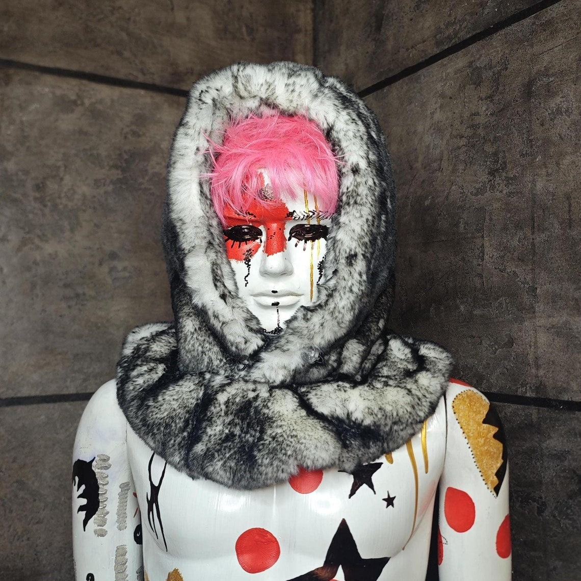 Faux fur hood pink striped snood handmade hooded hat raver cap all over fluffy fleece scarf unisex bucket grunge winter festival headwear