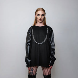 Faux leather sleeves sweatshirt chain attachment jumper Gothic pullover punk sweater utility top Yamamoto style tee going out top in black