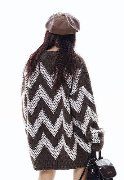 Striped sweater zigzag jumper knitted mesh top in brown