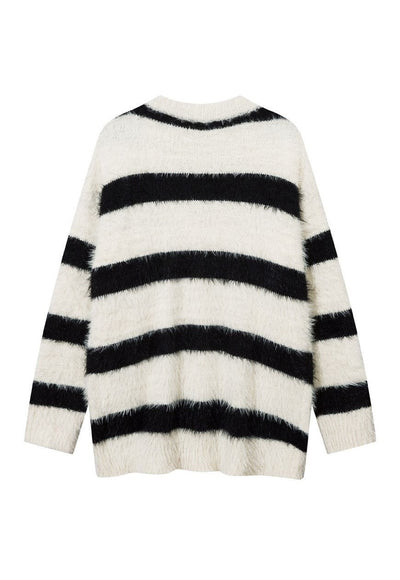 Fluffy striped cardigan fuzzy zebra jumper knitted top white