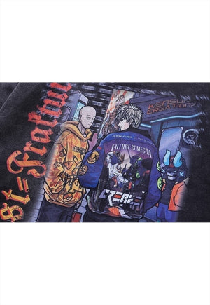 Anime boys hoodie vintage wash pullover Japanese jumper grey