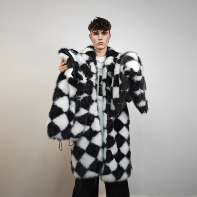 Diamond pattern fur coat checked long trench rhombus gothic overcoat SKA print bomber festival jacket customizable going out peacoat black