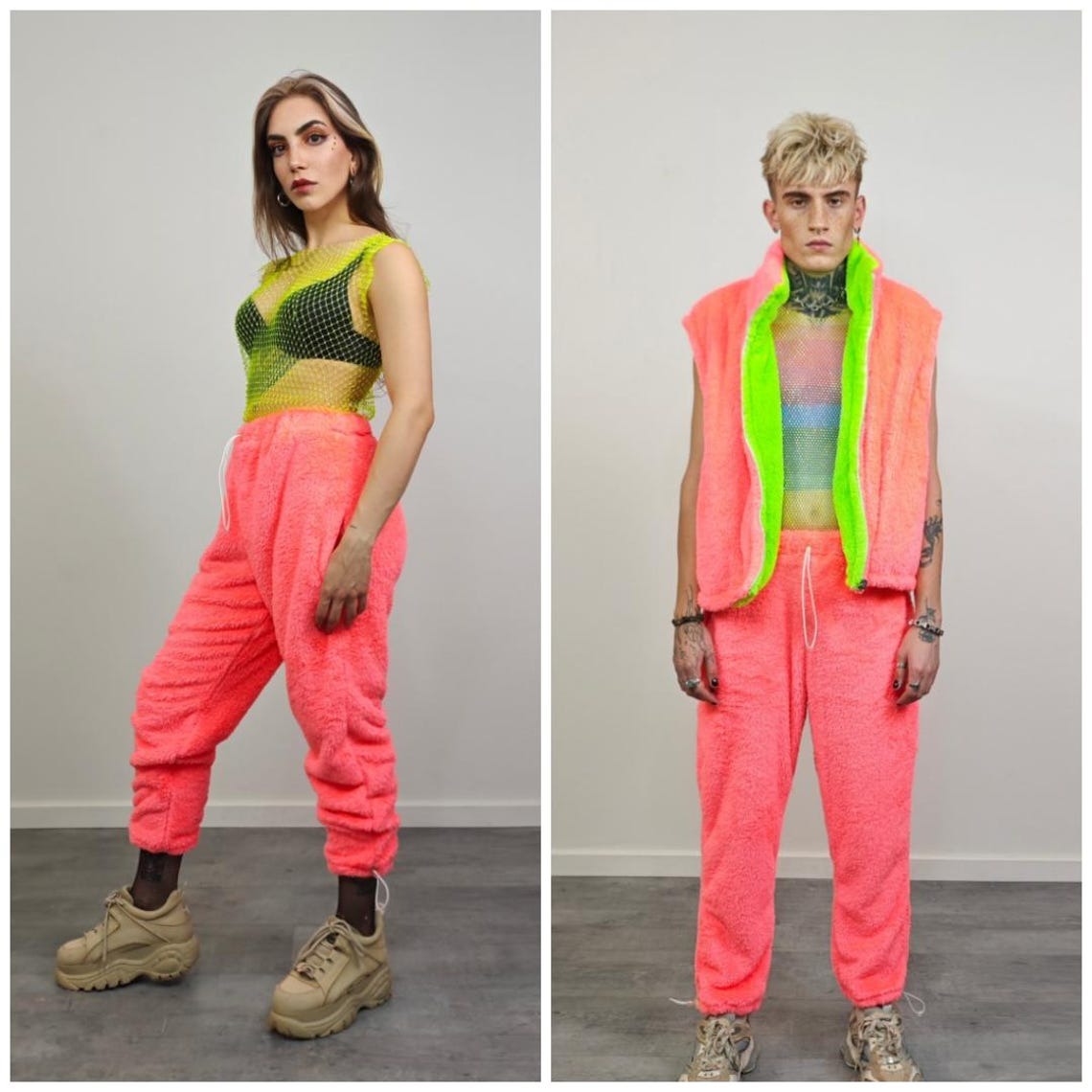 Neon green fleece joggers rave pants fluorescent trousers carnival tracksuit party overalls fluffy jumpsuit fuzzy burning man festival set