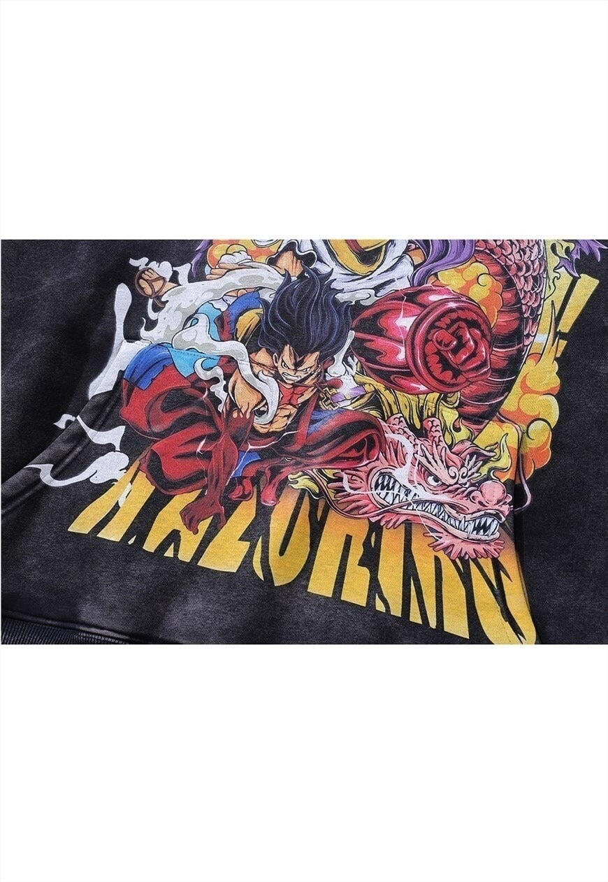 Anime hoodie vintage wash pullover Dragon ball jumper grey