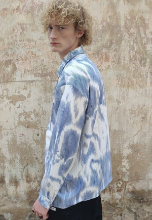 Stripe print shirt paint splatter silky top in blue white