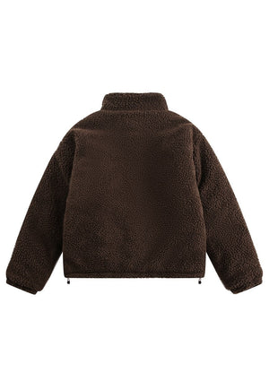 Patchwork fleece jacket brown teddy bomber fuzzy winter coat