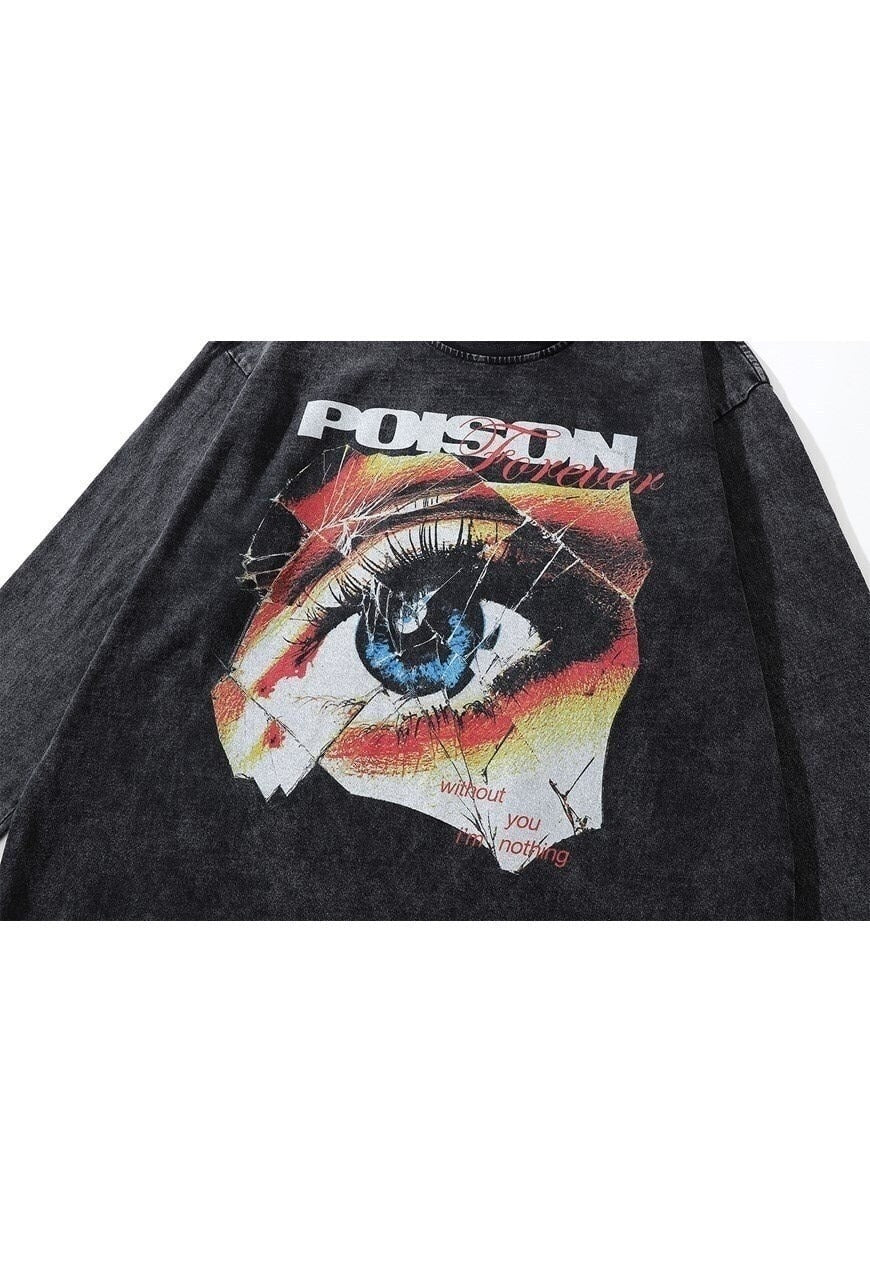 Eye print t-shirt old grunge long tee retro punk top in grey