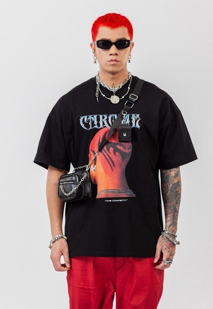 Punk print t-shirt retro grunge tee raver top in black (Copy)