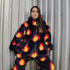 Luxury flame jacket fluffy fire print bomber handmade soft catwalk fleece puffer premium grunge hooded thunder coat in black orange red