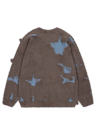 Distressed fluffy sweater brown star patch jumper fuzzy top