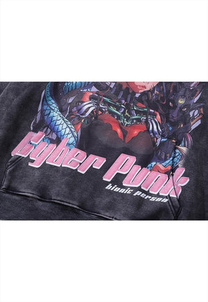 Cyber punk hoodie vintage wash pullover anime jumper in grey