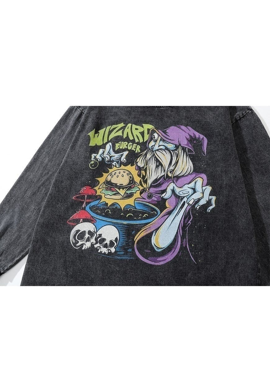 Wizard t-shirt grunge burger print long tee retro top in grey