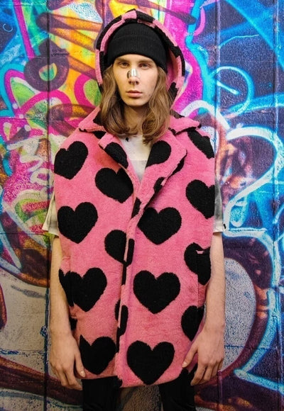 Heart fleece coat handmade 2 in1 detachable rave jacket pink