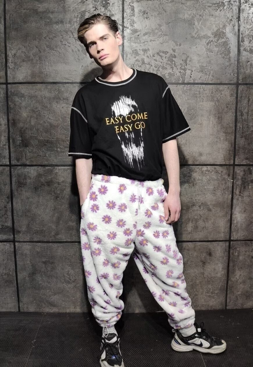 Floral fleece joggers handmade fluffy 70s daisy overalls