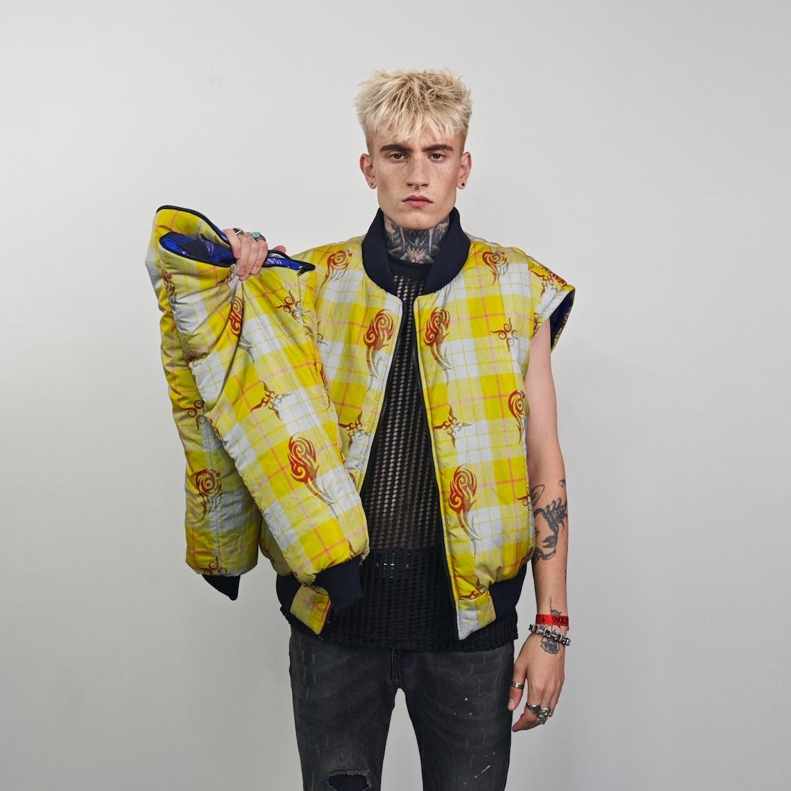 Tribal bomber yellow tattoo print jacket Aztec reversible college varsity detachable sleeves handmade checked puffer grunge plaid punk coat